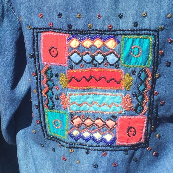 Denim button down with patchwork and beading - Picture 8 of 9